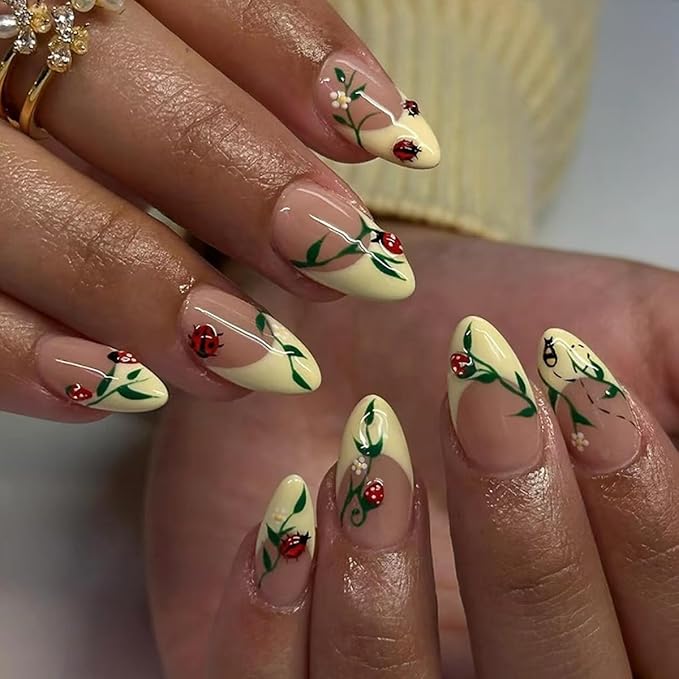 Yellow French Tip Press on Nails Almond Fake Nails with Ladybug Green Leaves Design Short False Nail Press ons Reusable Artificial Nail Glossy Full Cover Stick on Nails for Women Manicure 24 Pcs