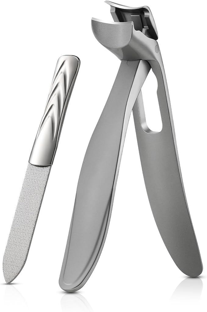 BEZOX Toenail Clipper for Seniors - Angled Toe Nail Clippers for Thick Nails for Seniors, Ergonomic Fingernail Clipper with Metal Nail File - Silver