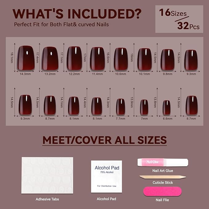Dark Red Press on Nails Short Square, Sofe Gel Glossy Burgundy Nails Fall Full Cover Glue on Nails, Reusable Winter Thick Pretty Fake False Acrylic Nails Press Ons for Women,32pcs