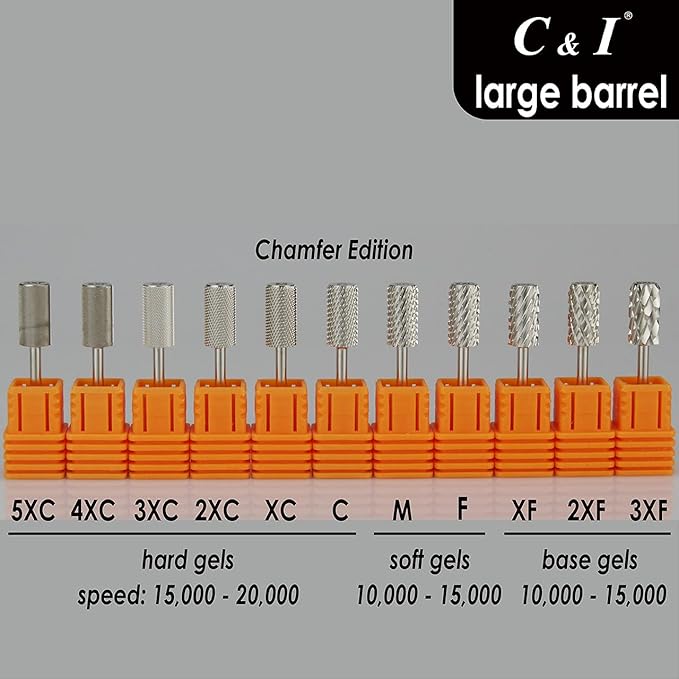 C & I Large Barrel Nail Drill Bit, Chamfer Edition, Professional E-File for Nail File Machine, Designed to Remove Nail Gels, Acrylics, and other nail color covers 3/32” (Fine - F)