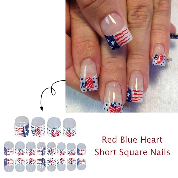 24Pcs Independence Day Press on Nails, Short Square, French Tip, USA Heart Flags Design, White Glitter, Reusable Stick on Nails for Women