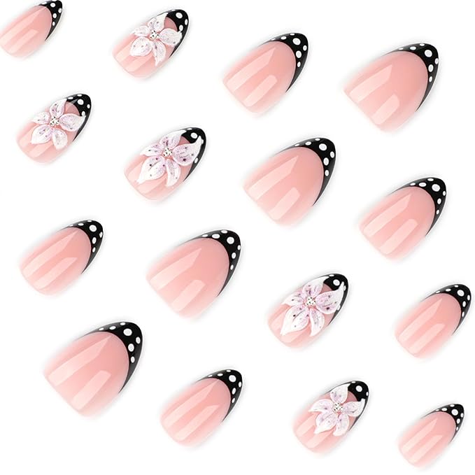 3D Pink Flower Black Polka Dot French Tips Press On Nails Short Almond, Acrylic Fake Nails. Salon-Quality Reusable Stick-Ons, Spring Summer Nails for Parties & Daily Wear | Women & Girls