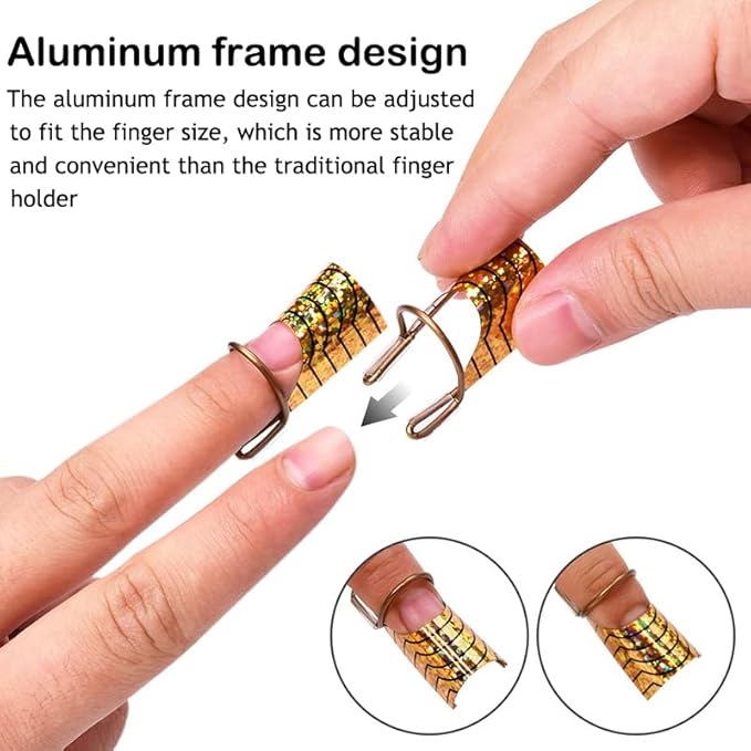 AKOAK 10 Pieces Reusable UV gel Acrylic Nail Art Tips Extension Guidance Form Tool, Nail Extension Metal Aluminum Holder, Nail Salon Home Accessories (Gold)