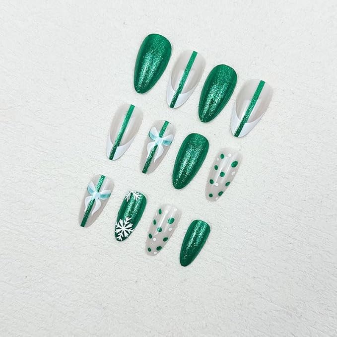 Christmas Press on Nails Medium Almond MABKJLF French Tip Fake Nails False Nails with Snowflake Bow Green & White Polka Dots Glitter Designs Glossy Glue on Nail Acrylic Nails for Women Girls 24Pcs