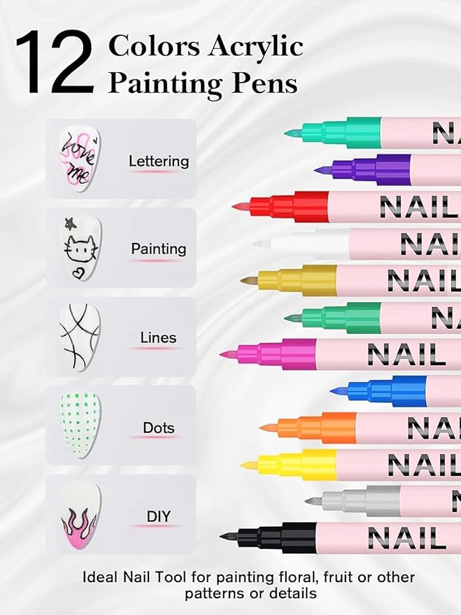EBANKU 12 Color Nail Art Pens Set 3D 0.7MM Graffiti Acrylic Paint Nail Art Quick-Drying Nail Point Graffiti Dotting Liner Pen Sets for Home