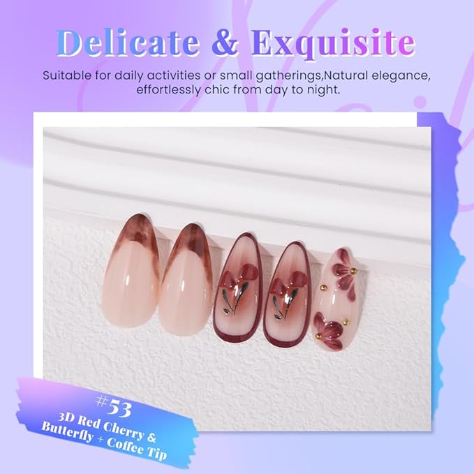 evpct 3D Red Cherry Press on Nails Short Almond with Butterfly Design, Coffee Tip Stick on Nail for Women Gift with Kit, Reusable Full Cover Soft Gel Press on Fake Nail with 3D Red Bow Design