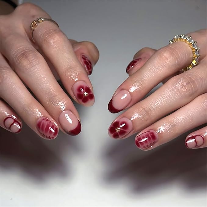 Red Press On Nails Short Oval, Summer Fall Fake Nails with Red French Tips and Elegant Petal Accent Designs, Glossy Gel Finish Acrylic Nails, Thick Reusable Glue On Nails Kit for Women, 24 Pcs