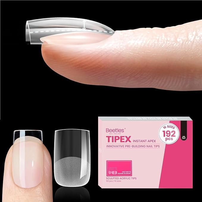 Beetles Tipex Instant Apex Nail Tips Extra Short Square: 192 Pcs Pre-Building Pre-Etched Full Cover Half Matte Thick Acrylic Nail Tips 16 Sizes