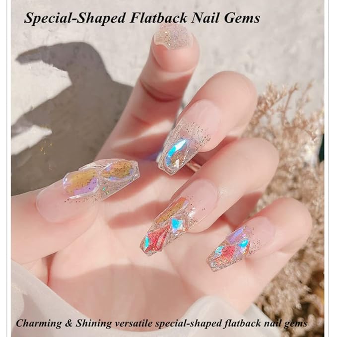 600 Pcs Flatback Rhinestones Set Aurora Crystals for Nails Gems for Crafts Mixed Shape Colored Nail Rhinestones Nail Stones 3D Nail Charms for Nail Designs (Colorful)