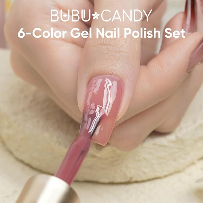 BUBU CANDY Nail Polish Set, - 6 Colors Nude Brown Jelly Neutral Soak Off Gel Polish Kit Sheer Transparent Effect Soak Off UV DIY French Nail Art Manicure Gifts for Women