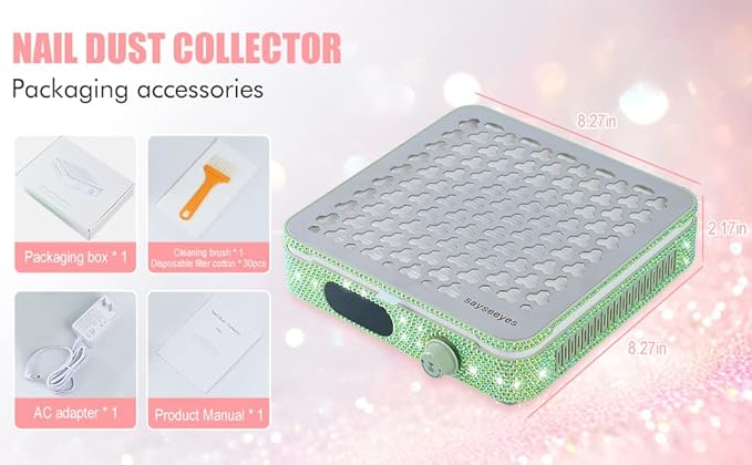 Rhinestones Nail Dust Collector for Nail Polishing in Nail Salon or Home, Portable Shiny Crystal Shape Tool with Powerful Vacuum Fan, 10 Speeds, 1600PA, Filter Paper