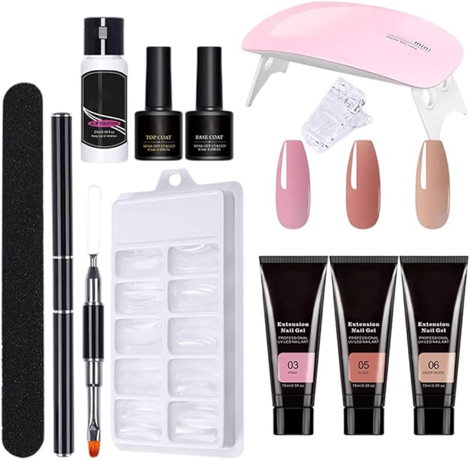 Gel Nail Kit, 11PCS Poly Nail Gel Kit Extension with UV Light Polish Starter All in One Suitable for Beginner DIY at Home (NO. 03)
