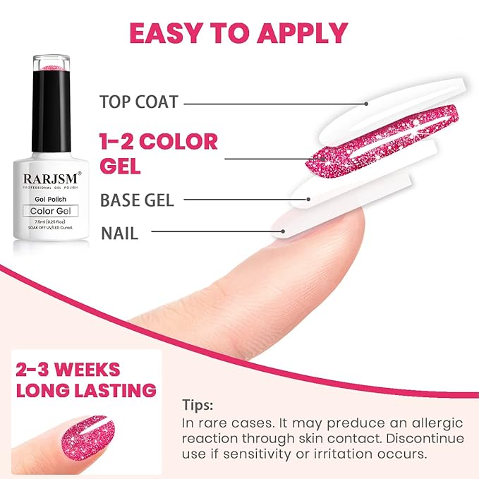 RARJSM Pink Gel Nail Polish, 7.5ml 0.25Floz Reflective Gelpolish Glitter Gel Nail Polish Summer Candy Collection Diamond Shimmer Neon Pink Nailgel for Starter Nail DIY at Home UV LED Cure Required
