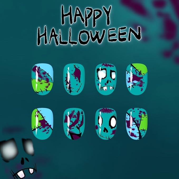 2 Packs 48Pcs Halloween Press on Nails Short Almond Fake Nails Cute Ghost Acrylic Nails with Horror Yellow Flowers Designs Oval Glue on Nails for Women Manicure Decoration