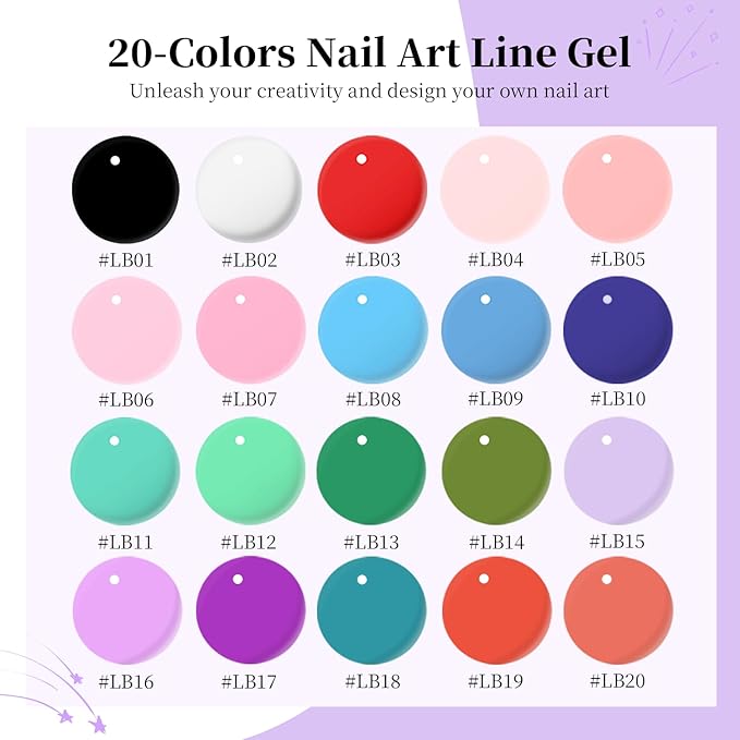 JODSONE Gel Polish Nail Art Gel Liner Set 20 Colors Red Pink Blue Purple with Thin Brush Need U V Lamp Cured Gift for Girls at Home Salon Design,Valentines Gifts for Women