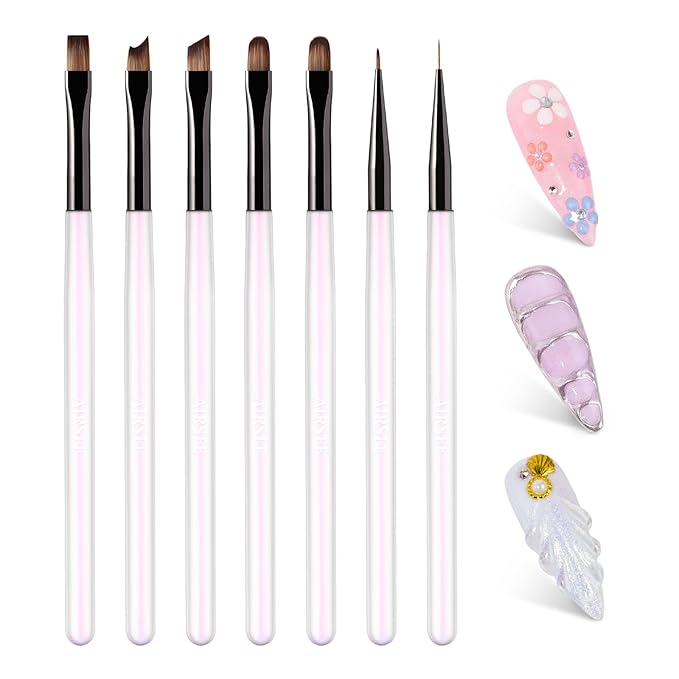 AIRSEE Gel Polish Nail Art Brushes set, 7PCS Nail Art Design Tools with Painting, Polish, Liner, Detail, Extension, and Carved Brush, DIY Manicure Tools Gift for Women, Aurora White