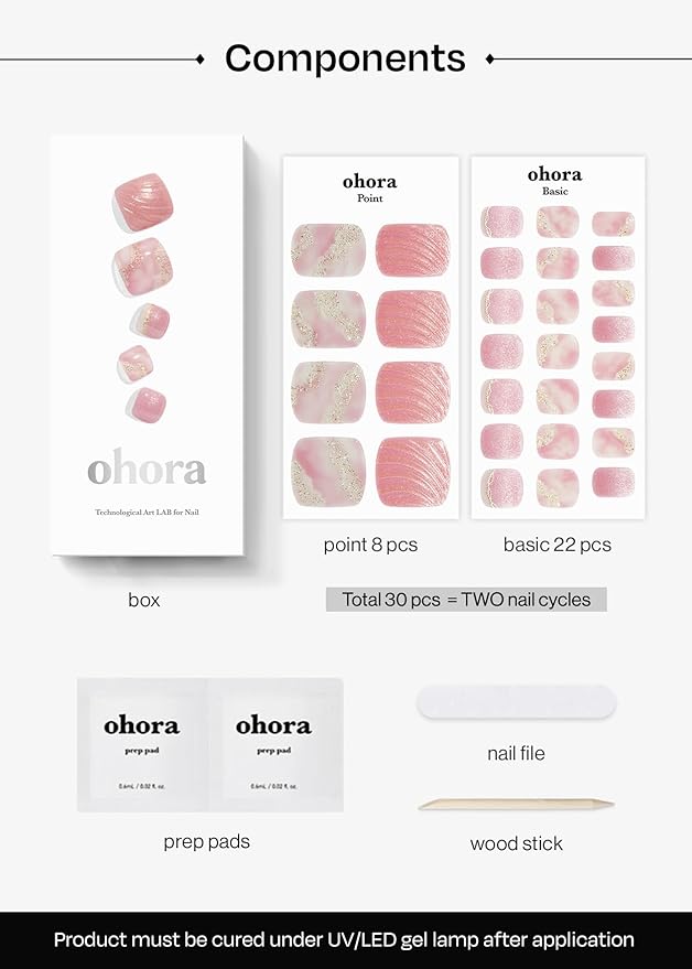 ohora Semi Cured Gel Pedi Strips (P Mermaid Dust) - Works with Any Nail Lamps, Salon-Quality, Long Lasting, Easy to Apply & Remove - Includes 2 Prep Pads, Nail File & Wooden Stick