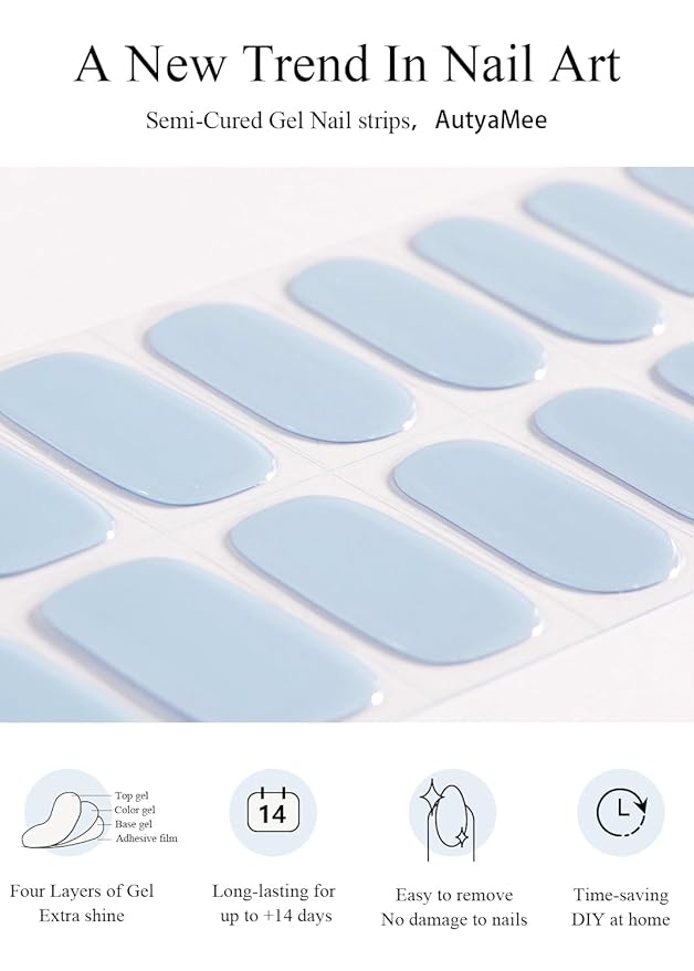 Semi Cured Gel Nail Strips (Baby Blue), 20 Pcs Gel Nail Wraps, Stickers, UV Light Required, Salon Quality, Long Lasting