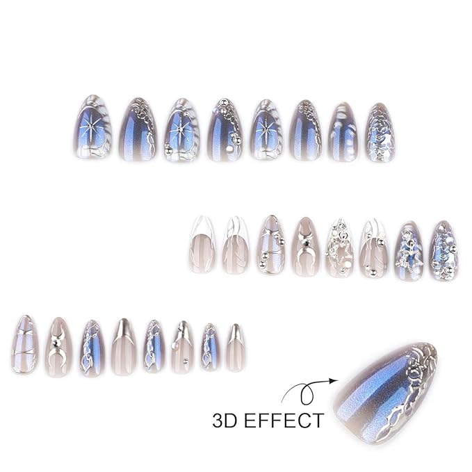 Silver Chrome Press on Nails Medium Almond Fake Nails Blue Nails Press ons with Liquid Metal Swirl,Star Design Full Cover Stick on Nails for Women Manicure,Reusable | Glue Tabs | Easy Apply | 24Pcs