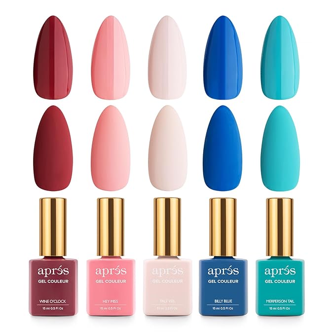 APRÉS Gel Couleur Combo Set, 5 Color Gel Nail Polish, Bright Nude Pastel Colors with Brush-X Nail Art Brush, 2024 Edition (Set 10)