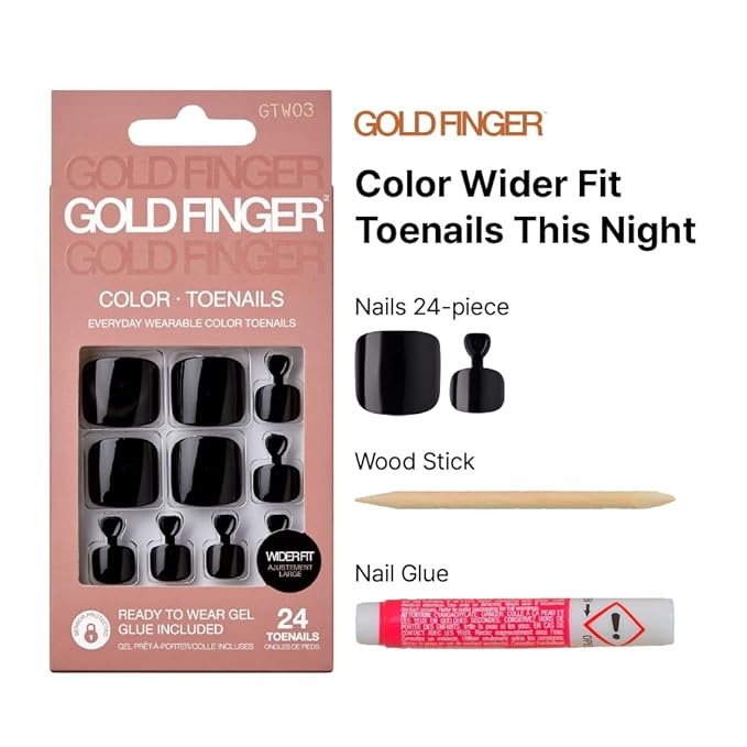 Goldfinger Press on Toenails Kit Wider Fit, Bold Glossy Black Color Toenail, Ready to Wear Gel & Manicure Stick, 2g Glue Included, Long-Lasting Convenient & Easy to Apply