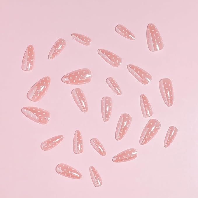 Press on Nails Medium Almond MABKJLF Fake Nails Chrome False Nails with White Polka Dots Designs Full Cover Glossy Glue on Nail Acrylic Nails for Women Girls 24Pcs