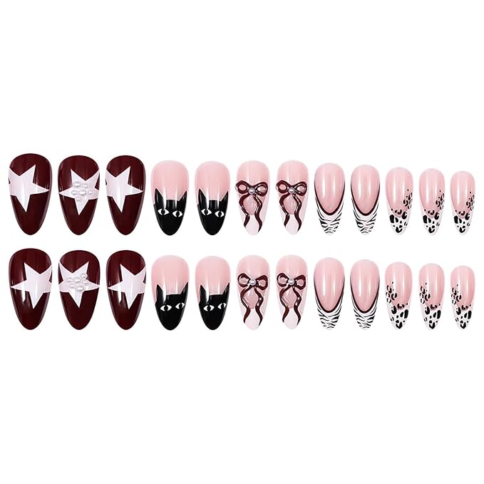 Press on Nails Long Almond MABKJLF French Tip Fake Nails False Nails with Stars Bow Leopard Print Zebra Print Pearls Designs Glossy Glue on Nail Full Cover Acrylic Nails for Women Girls 24Pcs