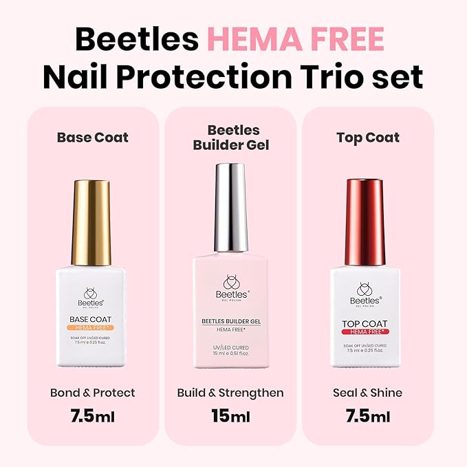 Beetles Builder Gel HEMA-Free,Nail Protection Trio Set 3 Pcs 8 in 1 Nail Strengthening Apex Building Extension for Beginner DIY Salon at Home,Clear Gel Builder with Base & Top Coat,UV & LED Cured