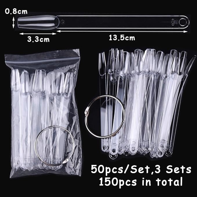 150 Pcs Nail Swatch Sticks with Ring, Clear Coffin Nail Polish Swatch Sticks, Ballerina False Nail Sample, Nail Practice Color Display Board Accessories for Home or Salon Use