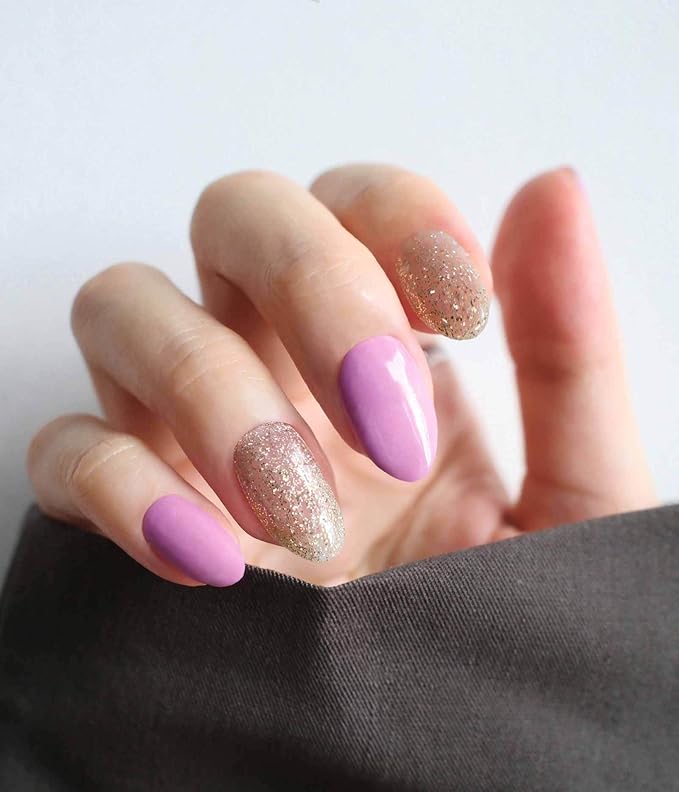 Nail Polish Strips (No UV Lamp Needed) - 22 Pcs Salon Quality Gel Nail Stickers - Long Lasting Wraps (Berry Gold Glitter)