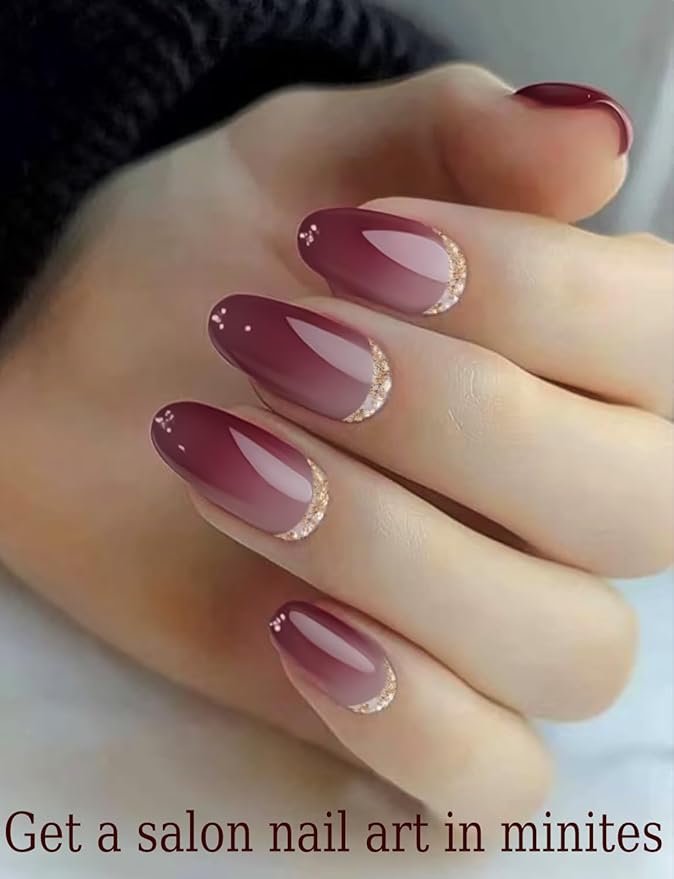 Semi Cured Gel Nail Strips, 20pcs Plum Ombre, Glitter, Gel Nail Stickers UV for Home Nails DIY