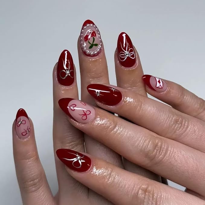 Red Press on Nails Almond - Short Fake Nails with Bow Heart Cherry Design - Winter False Nails Press ons - for Women 24 Pcs