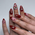 Red Press on Nails Almond - Short Fake Nails with Bow Heart Cherry Design - Winter False Nails Press ons - for Women 24 Pcs