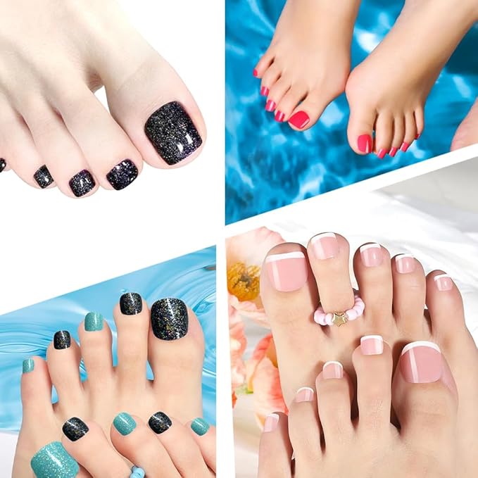 288Pcs Press on Toe Nails, 12 Color Press on Toenails Short Square 4 Glitter Toenails Full Cover 6 Solid Color Glossy False Nails for Feet,2 French Tip Toenail Kit for Women Manicure