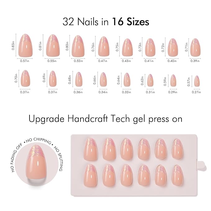 VSALON Press On Nails Short Almond, Aurora Gold French Tip Fake Nails 3D Sculpting Design Glue On Nails With UV Glue, Reusable Stick On Nails Fall Wedding Gift 16 Sizes - 32 Pcs Kit