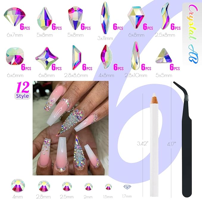 2052Pcs Crystal AB Nail Rhinestones 72 Multi Shapes Crystal White AB Rhinestones for nails Flatback Big Nail Gems +1980 K9 Glass Round Beads Stones Diamonds Nail Charms Art for Nails Faces Eyes