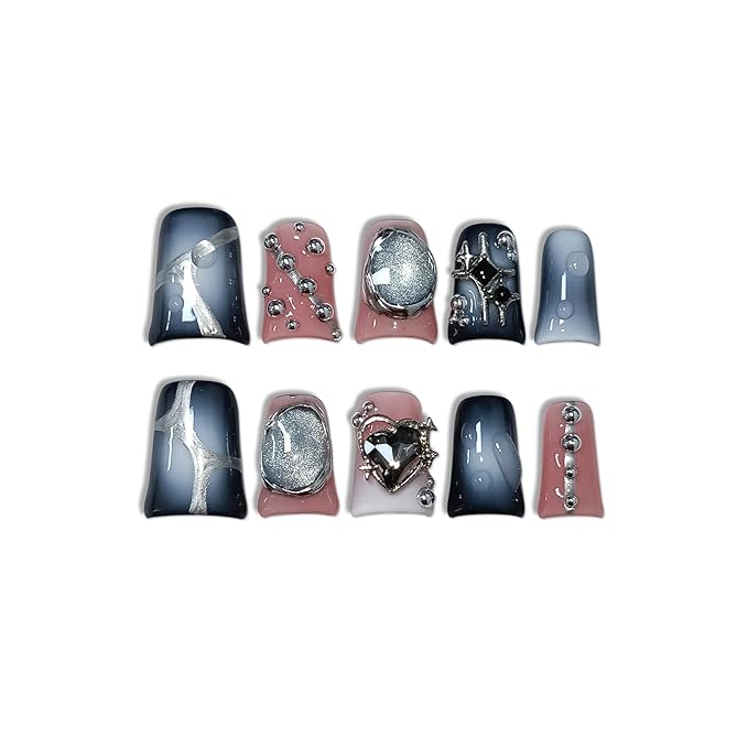Cat Eye Duckbill Press on Nails,Metallic Embossed Gray Pink Blushing Design Fake Nails with 3D Punk Studs,10PCS Gothic Y2K Glitter False Nails for Halloween,Glossy Duck Nails Press on(M)