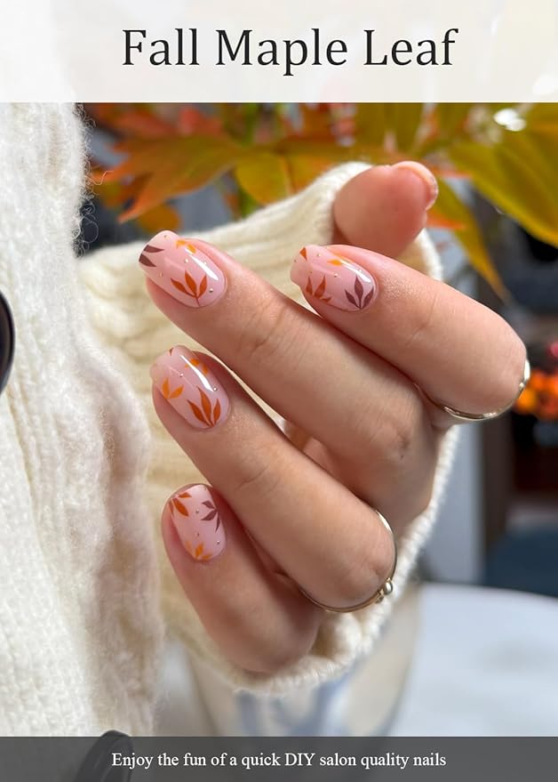 Semi Cured Gel Nail Strips (Fall Maple Leaf), Autumn Brown, 20 Pcs Gel Nail Wraps, Stickers, UV Light Required, Salon Quality, Long Lasting