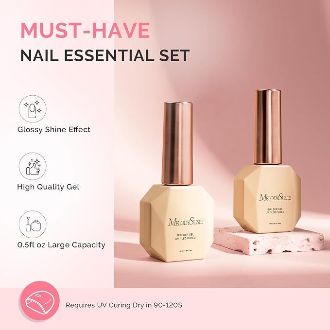 MelodySusie 2PCS 15ML Clear Nude Builder Nail Base Gel for Nails Thickening,Soak Off UV Extension Gel,Rhinestone Nail Glue in a Bottle for Nail Art Design Gift for Women