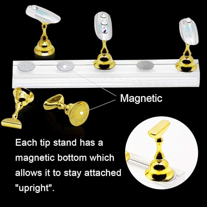 Kalolary 2 Set Acrylic Press on Nail Stand Nail Art Holder Practice Display Stand with Reusable Adhesive Putty, Magnetic Nail Art Tips Holders Training Fingernail DIY for Painting Nails(Gold & Silver)