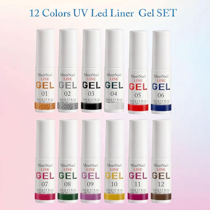 Gel Liner Nail Art Set 12 Colors Gold Black Glitter with Thin Brush Soak Off UV/LED Gel Nail Polish Liner at Home Salon DIY Manicure Gift for Women