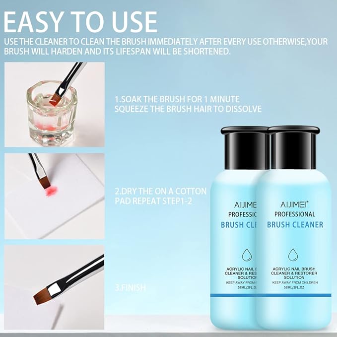 AIJIMEI Acrylic Nail Brush Cleaner Acrylic Brush Cleaners Liquid Acrylic Paint Brush Cleaner Nails Artist Acrylic 2PCS 58ml/2 FL.OZ