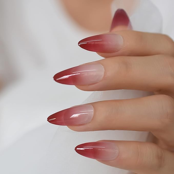 Medium Length Almond Press on False Nails Red Gradient French Fake Nails Salon Manicure Reusable Nails Art Tips DIY at home