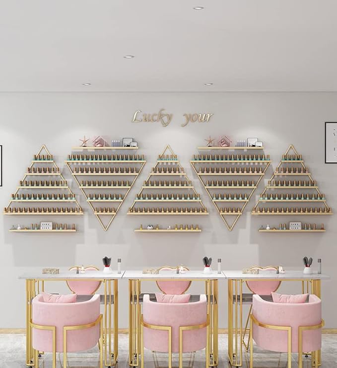 Wall mounted Metal Nail Polish Display Rack,Triangle Nail Polish Bottle Storage Holder,nail polish Essential Oil Perfume Organizer Floating Shelf Ledges Combination for Nail Salon Shop/Retail Shop
