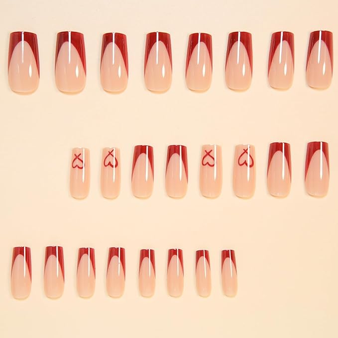 Red French Tip Press on Nails Coffin - Medium Fake Nails with Heart Design - Glossy Full Cover Stick on Press ons for Women Manicure Kit 24 Pcs