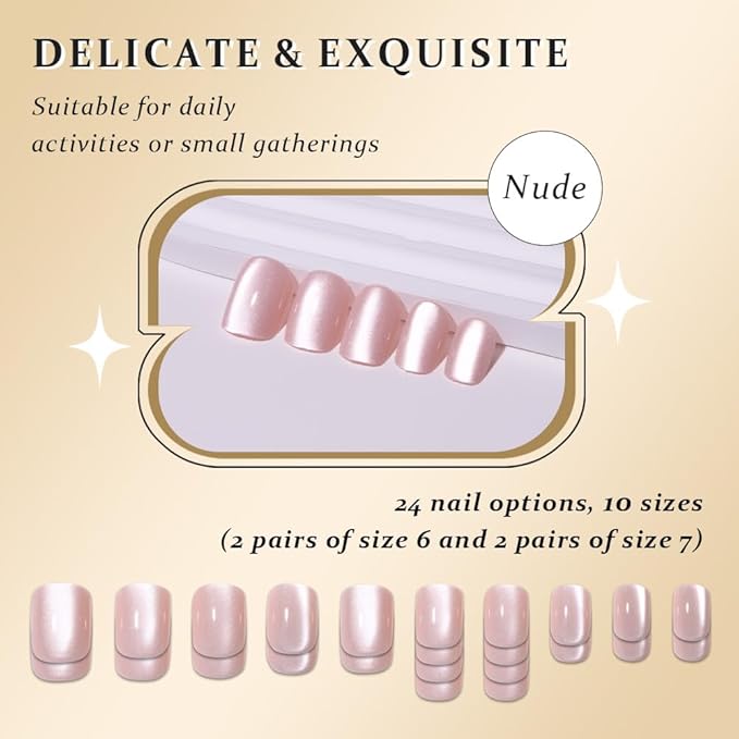 Cat Eye Nude Press On Nails Short Square, Designer Reusable Acrylic Fake Nails with Glue, Glossy Soft Gel Nails Wedding and Party, Stick On Glue On Nails, Nails Press Ons for Women