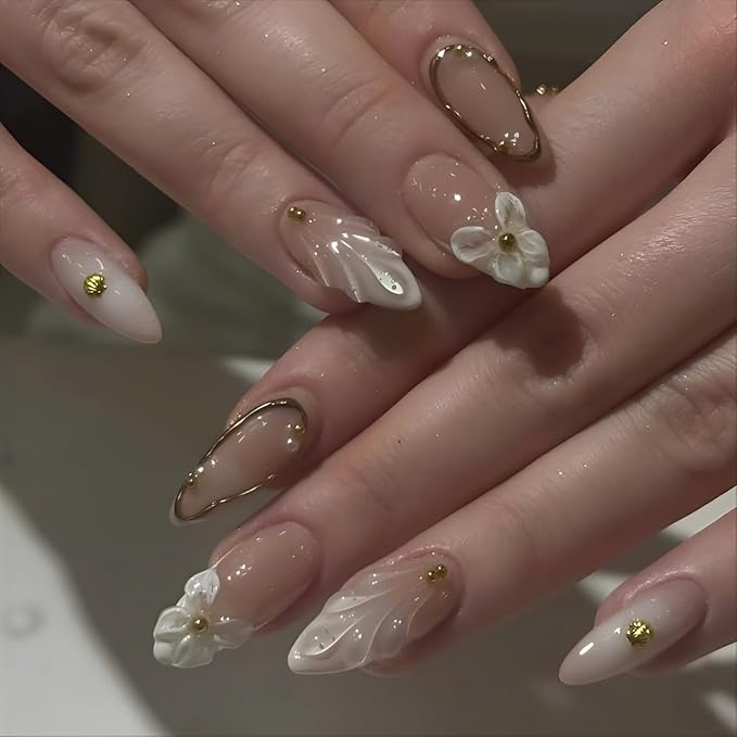 Flower Press on Nails Medium Almond Fake Nails White Nails Press Ons French Tip False Nails with Pearl Design Glossy Glue on Nails Gradient Stick On Nails for Women Decorations Set 24Pcs
