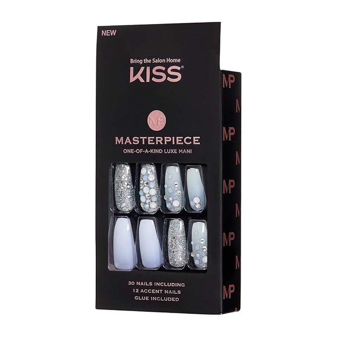 KISS Masterpiece One-Of-A-Kind Luxe Mani, Long Length, Premium Acrylic Fake Nails, Style “No.1”, with Pink Gel Nail Glue, Manicure Stick, Mini File, & 30 False Nails Including 12 Accent Nails