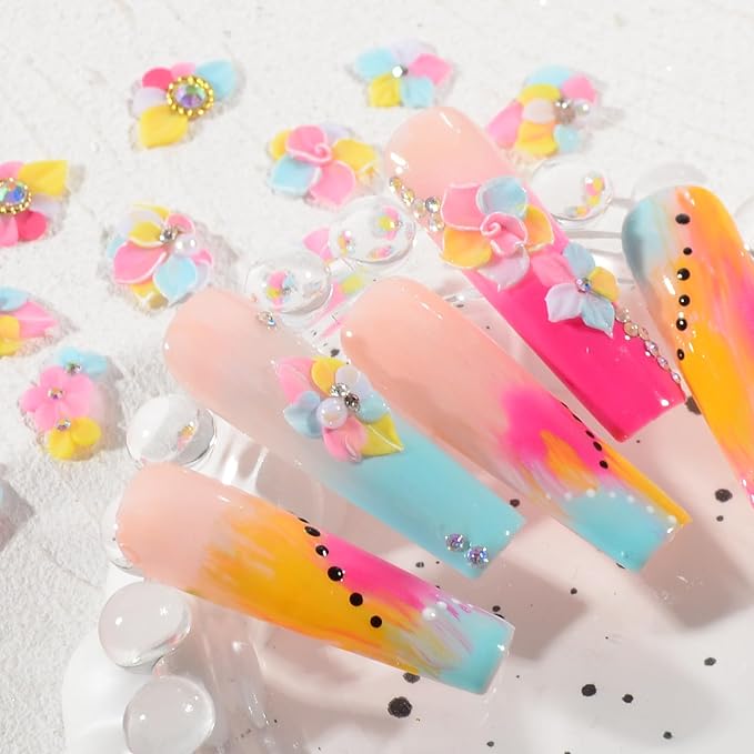 30PCS 3D Handmade Flower Nail Art Charms Advanced Handcrafted Cherry Blossom Flower Colorful Sculpted Floral Nails with Rhinestone Caviar Beads Design for Women Profession Nail Art Craft Jewelry