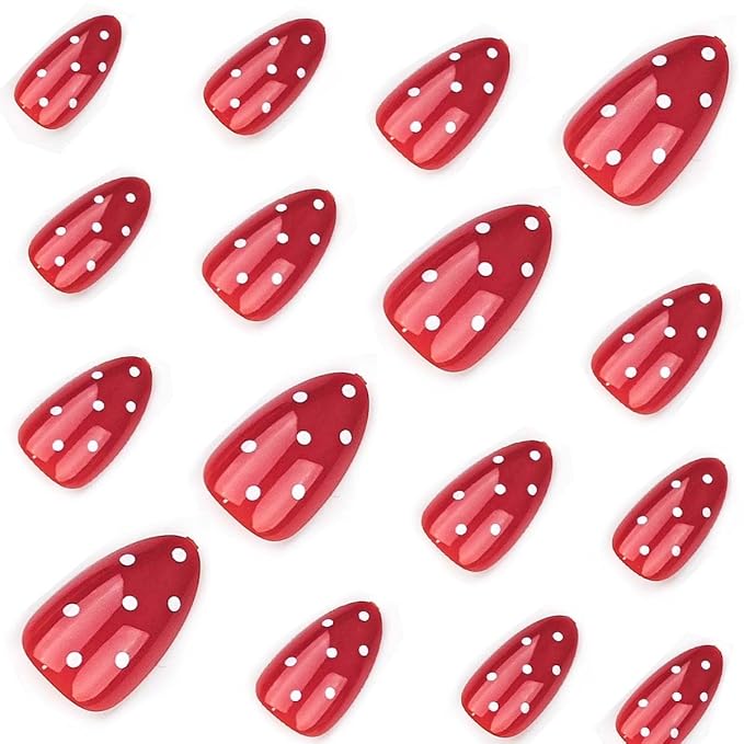 Red Press on Nails Short Almond Fake Nails Cute Nails Press ons with Polka Dot Design,Reusable Artificial Nail Full Cover Stick on Nails for Women Manicure 24Pcs